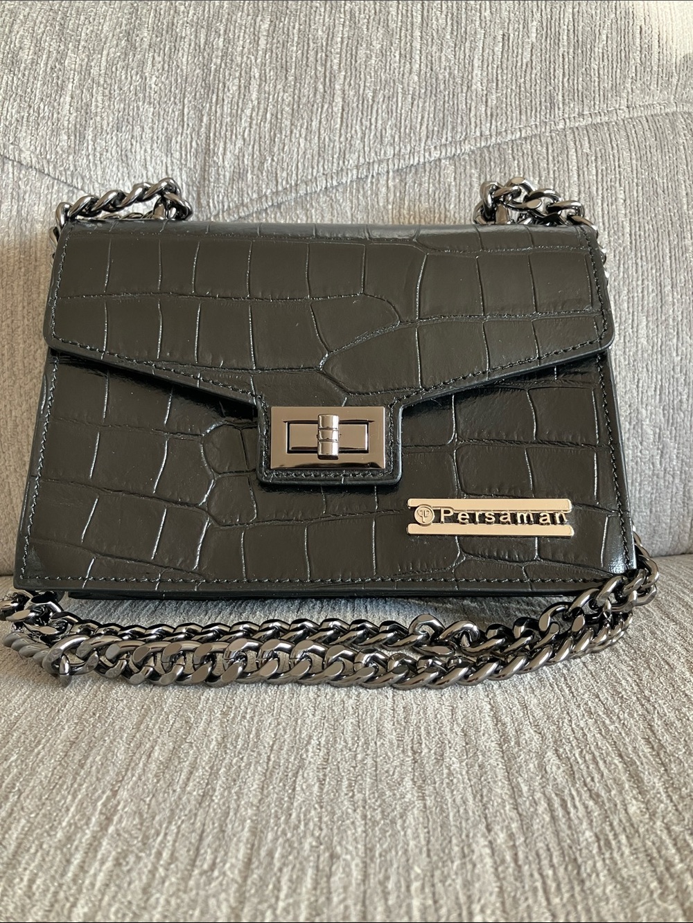 Persaman New York Black Croc-Embossed Chain Crossbody Bag